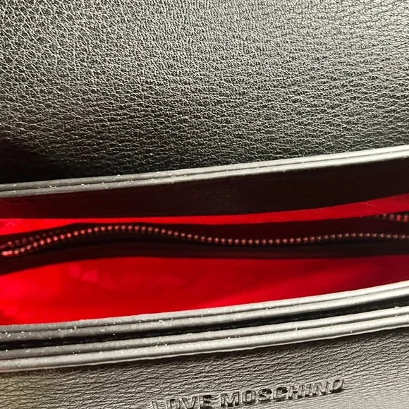 LOVE MOSCHINO NWT AUTHENTIC LOGO-CHARM BLACK FAUX LEATHER SATCHEL BAG - Picture 8 of 17